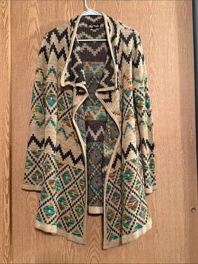 Absolutely Famous Beige Aztec Draped Cardigan with Teal & Black Accents